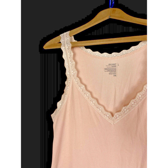 Old Navy Tank Top Lace Trim Sweetheart Neckline Size L Y2K Fitted Ribbed Pink - Picture 1 of 5
